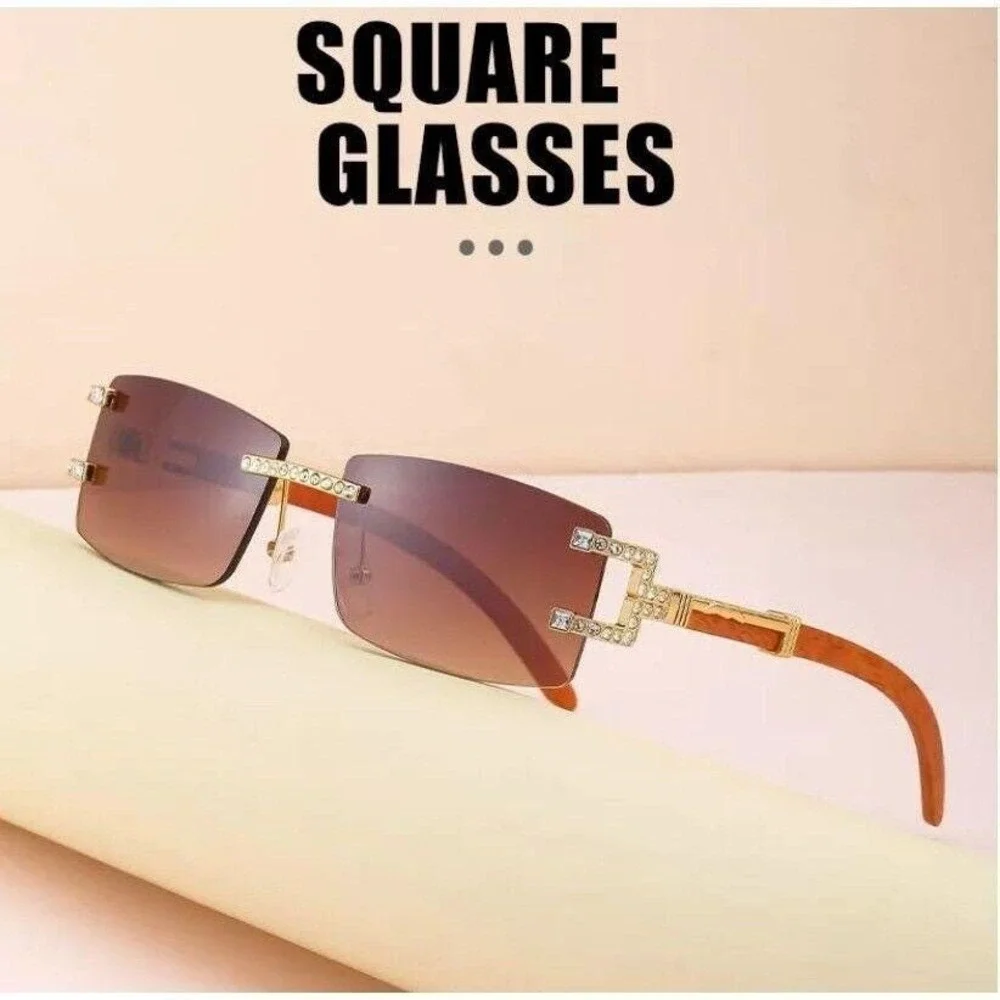 Square‎ Sunglasses Rimless Brown Lens Wood Grain Legs Fashion Men Hip Hop Retro